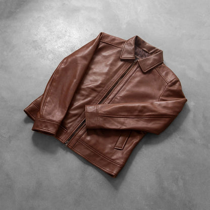 Oakwood Men's Brown Leather Café Racer Jacket model closeup – VOOLUP