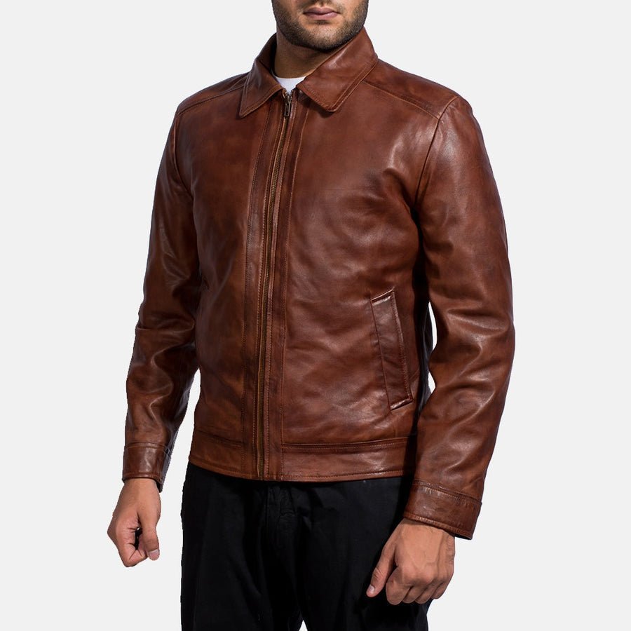 Oakwood Men's Brown Leather Café Racer Jacket back view – VOOLUP