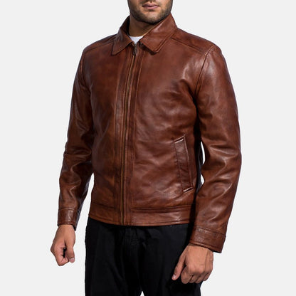 Oakwood Men's Brown Leather Café Racer Jacket back view – VOOLUP