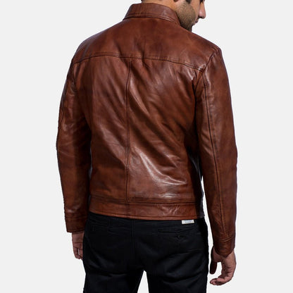 Oakwood Men's Brown Leather Café Racer Jacket lifestyle view – VOOLUP