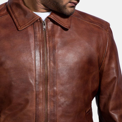 Oakwood Men's Brown Leather Café Racer Jacket side view – VOOLUP