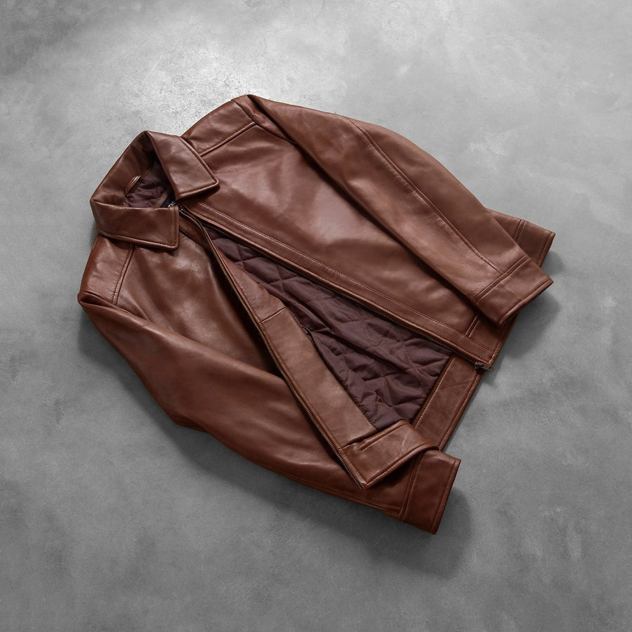 Oakwood Men's Brown Leather Café Racer Jacket detail view – VOOLUP