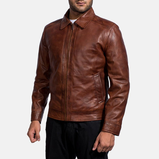 Oakwood Men's Brown Leather Café Racer Jacket back view – VOOLUP