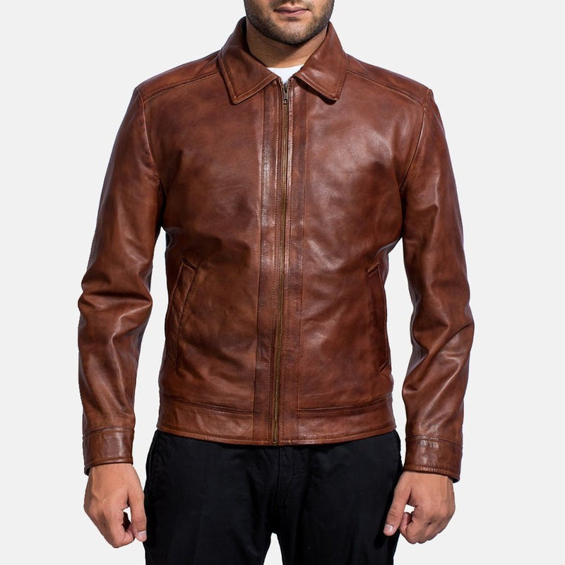 Oakwood Men's Brown Leather Café Racer Jacket - VOOLUP
