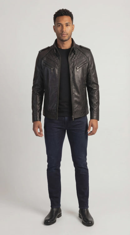 Ironcrest Men's Quilted Black Leather Biker Jacket