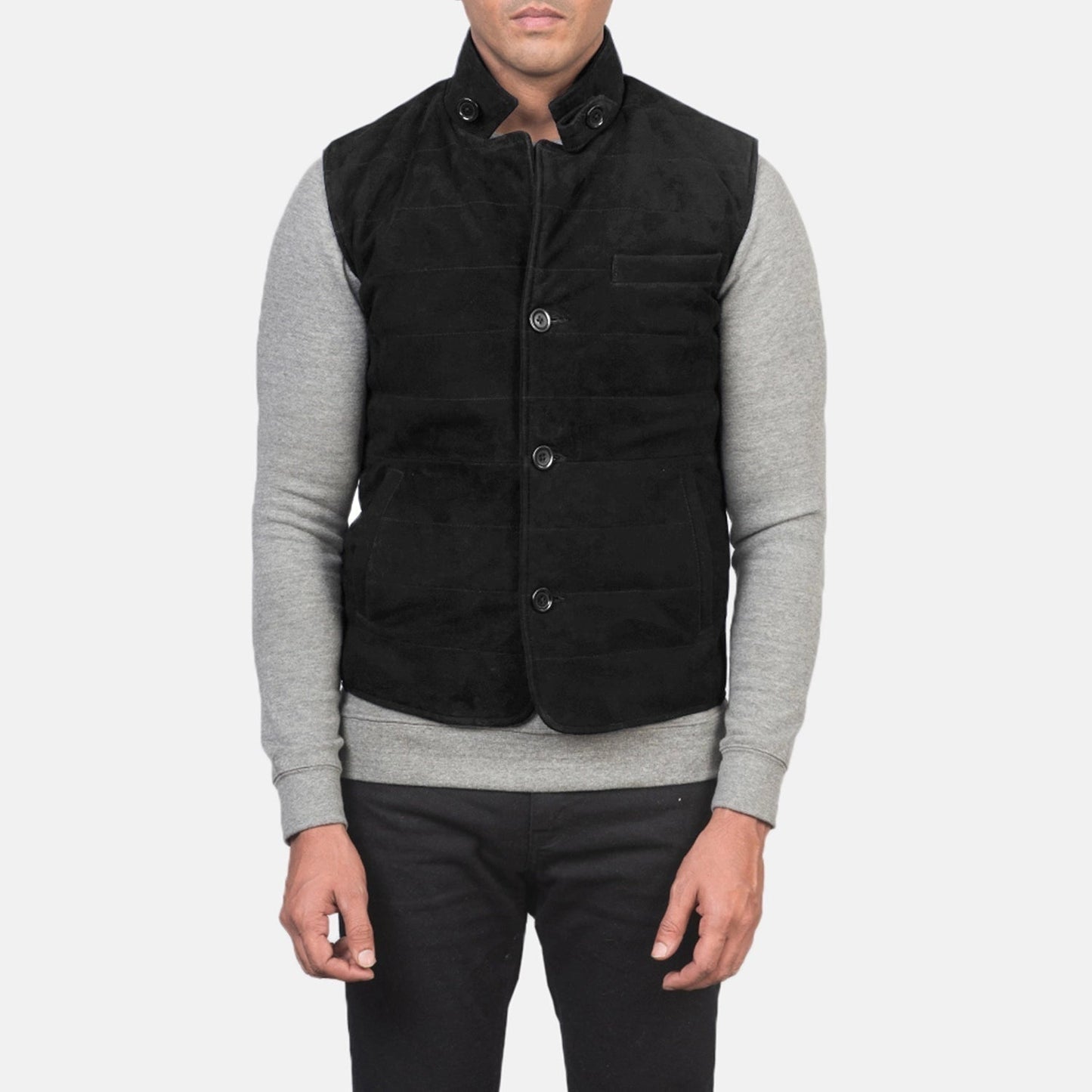Rory men's black genuine suede quilted vest front view – VOOLUP