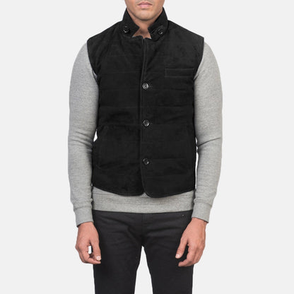 Rory men's black genuine suede quilted vest front view – VOOLUP