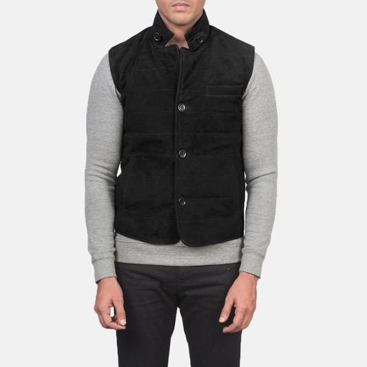 Rory men's black genuine suede quilted vest front view – VOOLUP