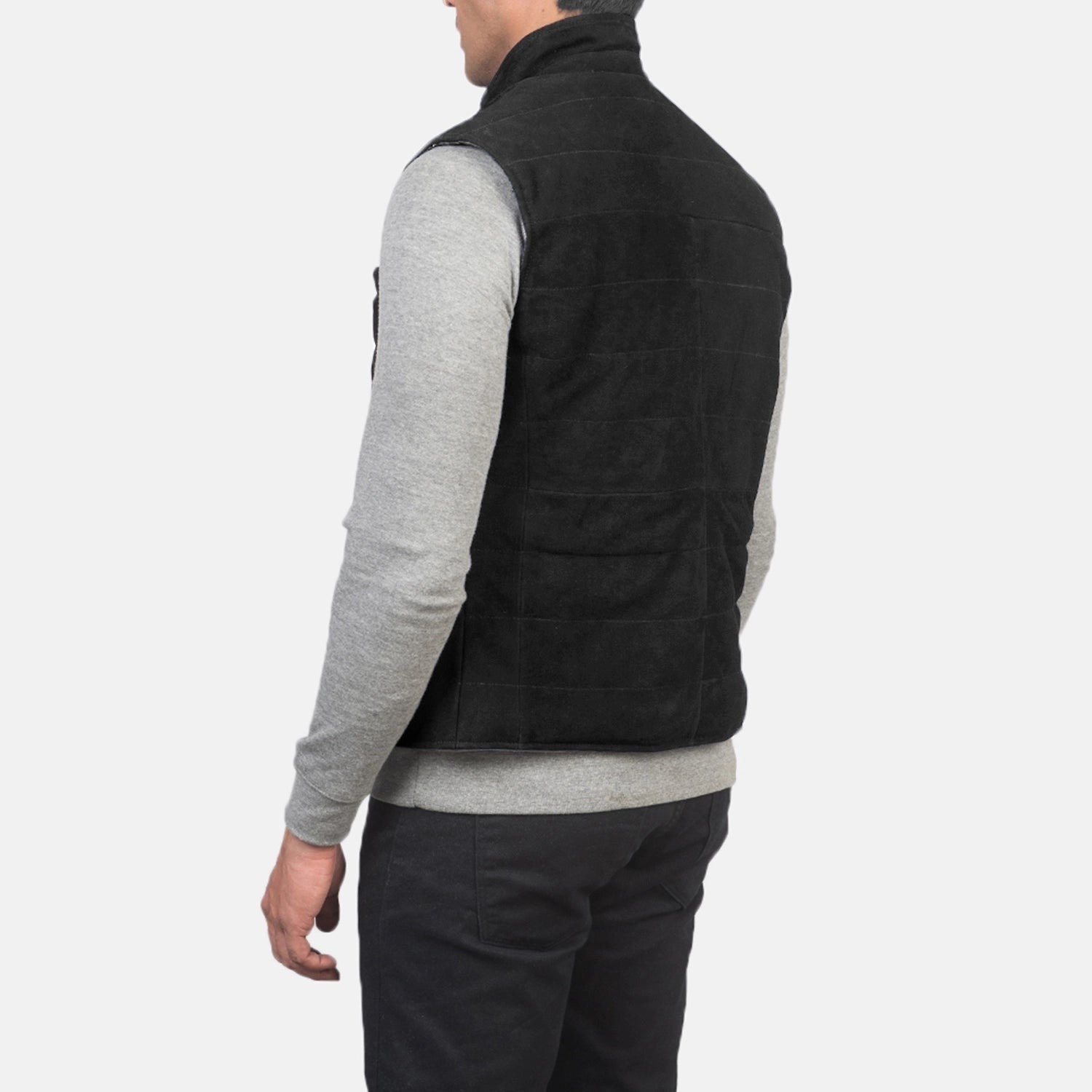 Rory Men's Black Suede Quilted Vest lifestyle view – VOOLUP