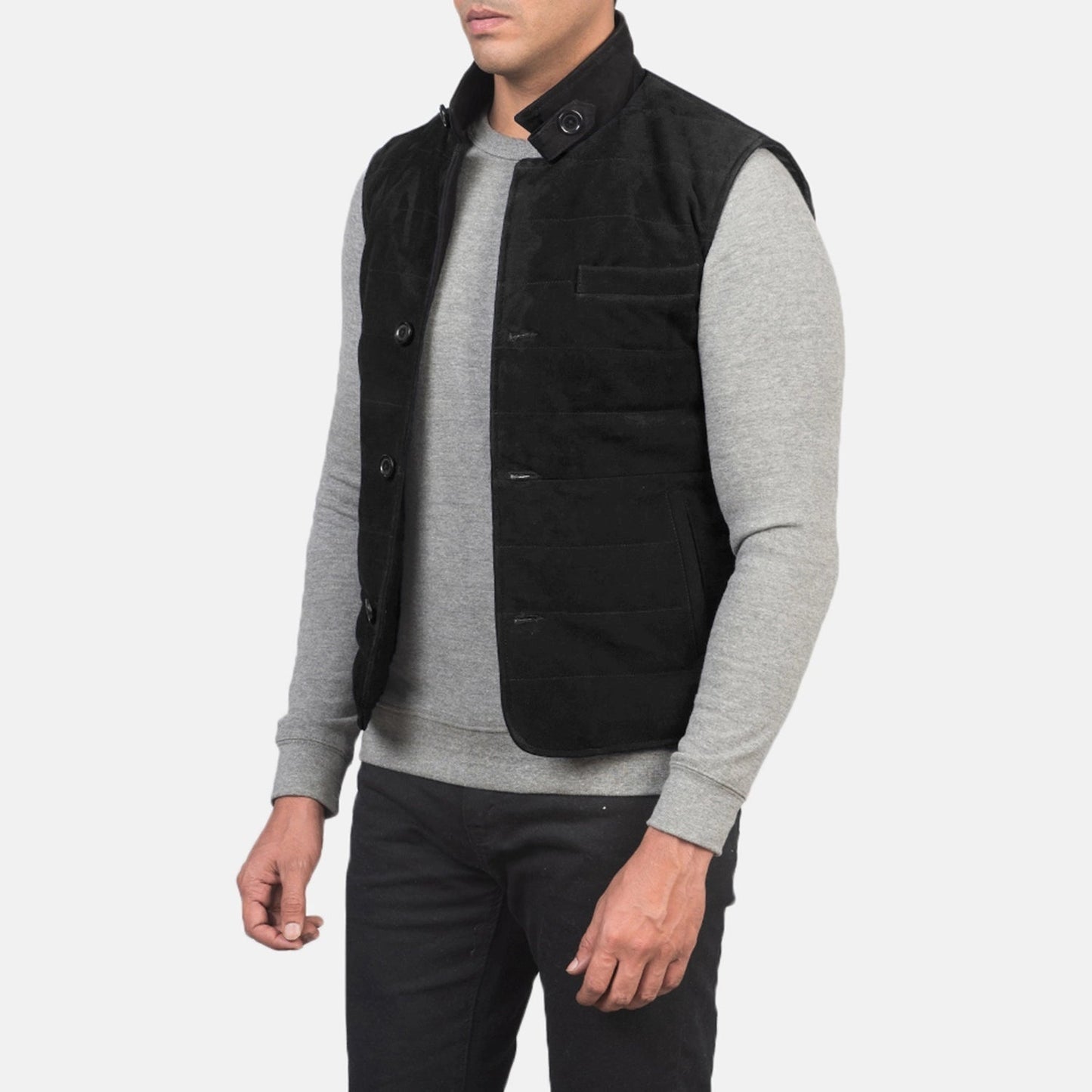 Rory Men's Black Suede Quilted Vest detail closeup – VOOLUP