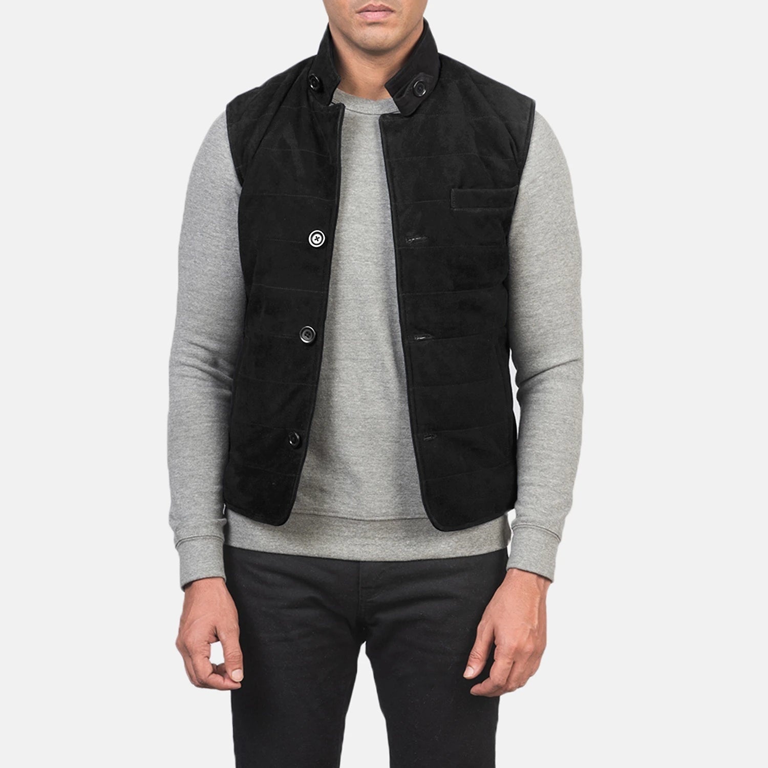 Rory Men's Black Suede Quilted Vest side view – VOOLUP
