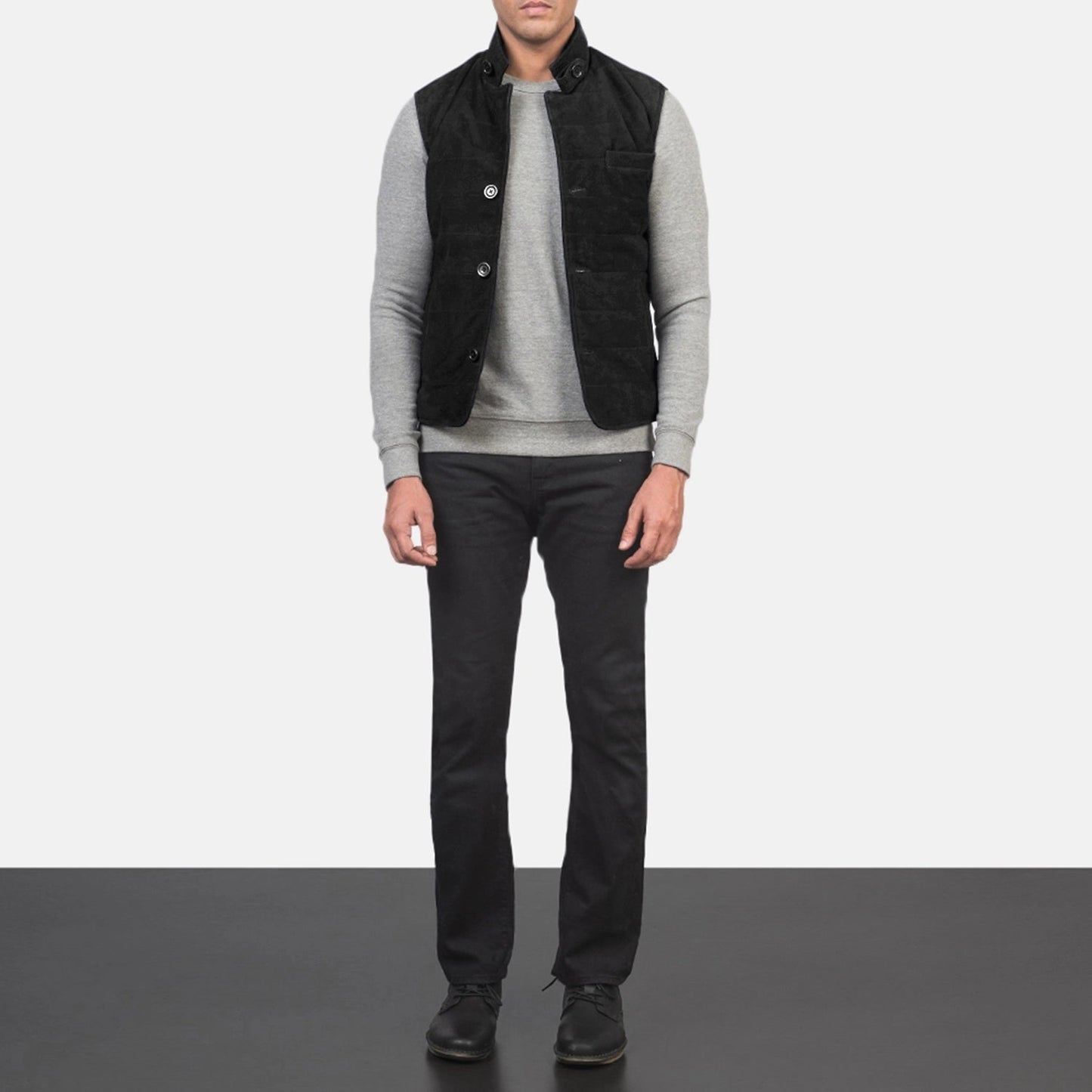 Rory Men's Black Suede Quilted Vest back view – VOOLUP
