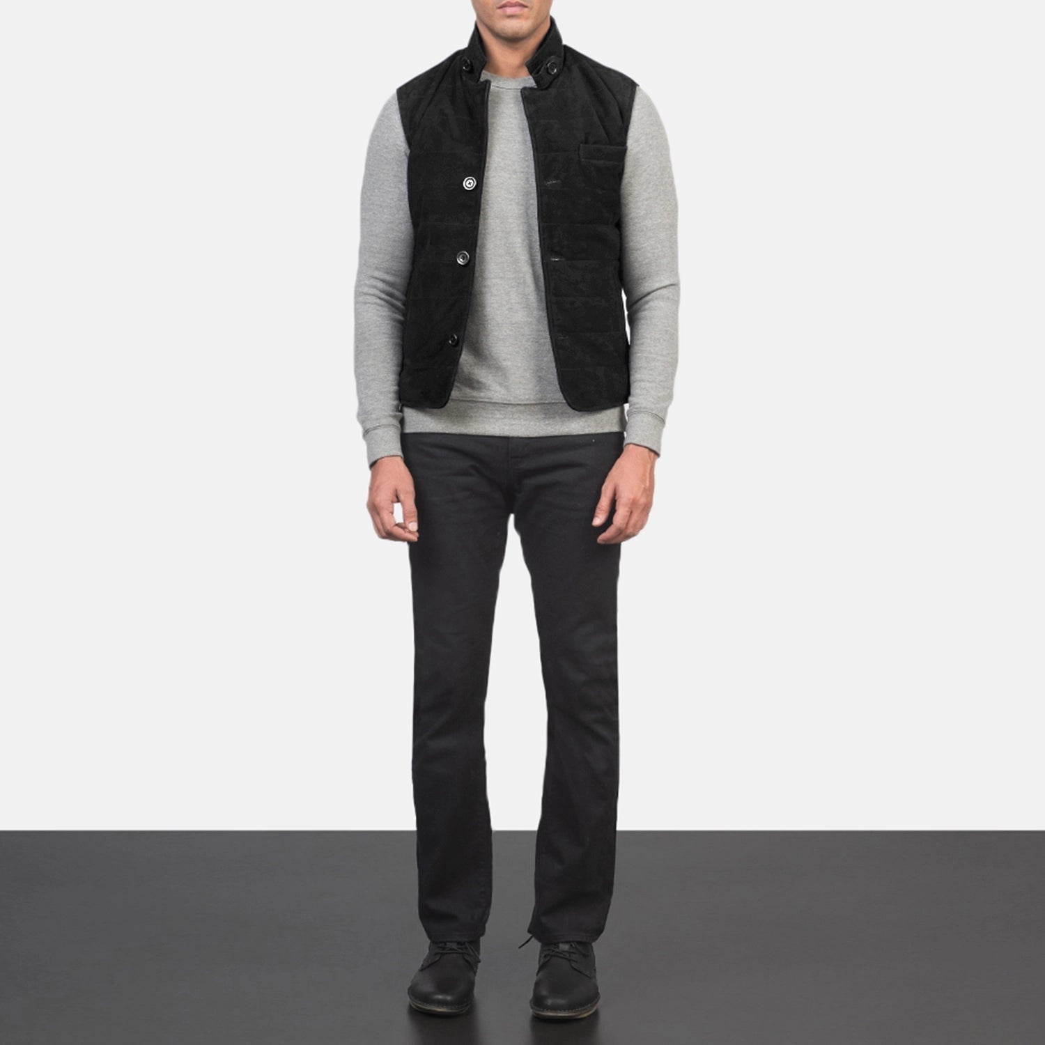 Rory Men's Black Suede Quilted Vest back view – VOOLUP
