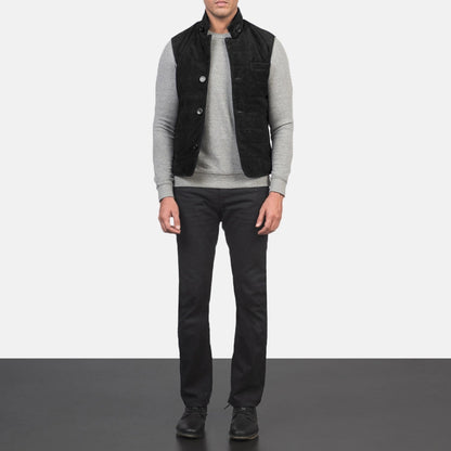 Rory Men's Black Suede Quilted Vest back view – VOOLUP