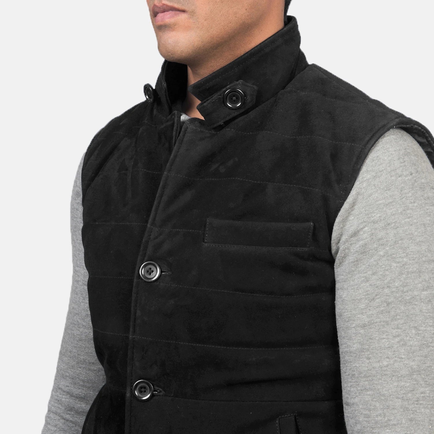 Rory Men's Black Suede Quilted Vest lifestyle detail – VOOLUP