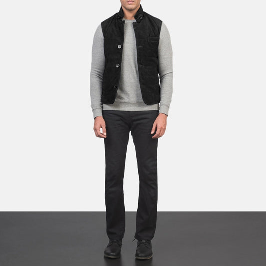 Rory Men's Black Suede Quilted Vest back view – VOOLUP