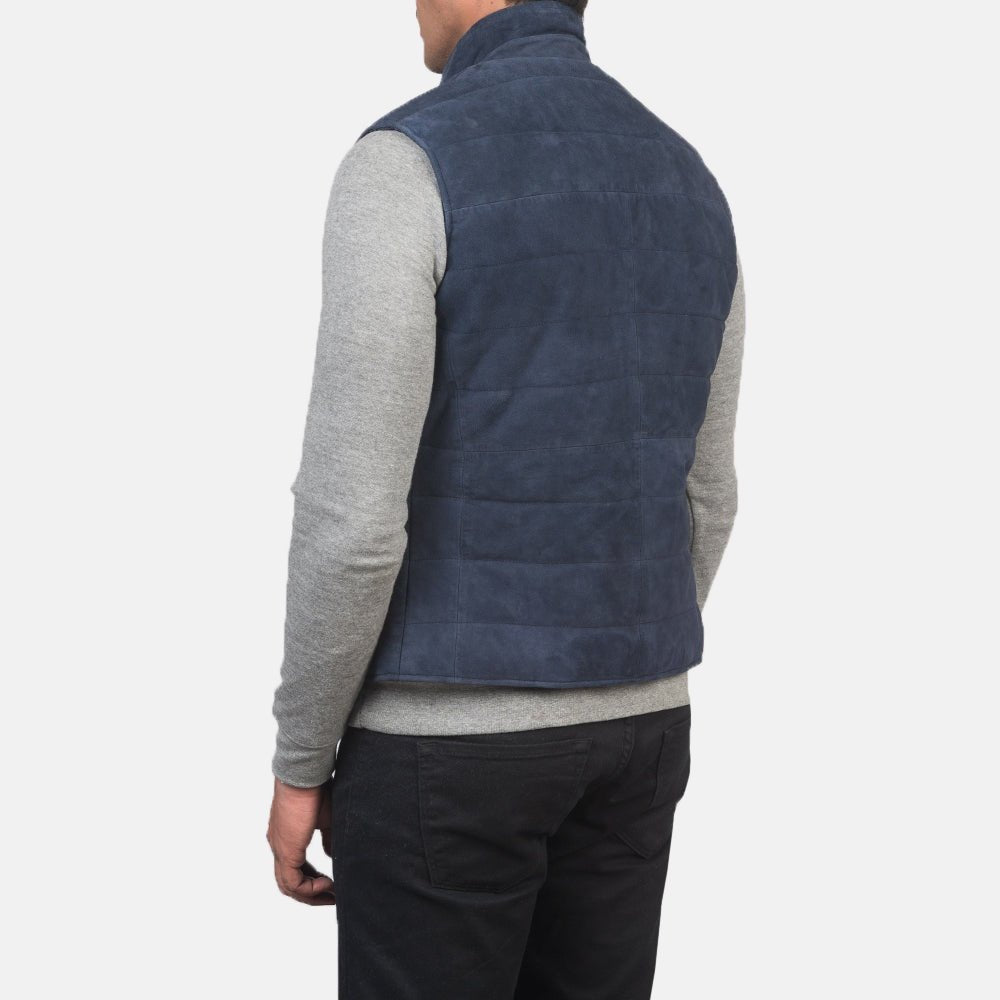 Rory Men's Blue Suede Quilted Vest detail closeup – VOOLUP