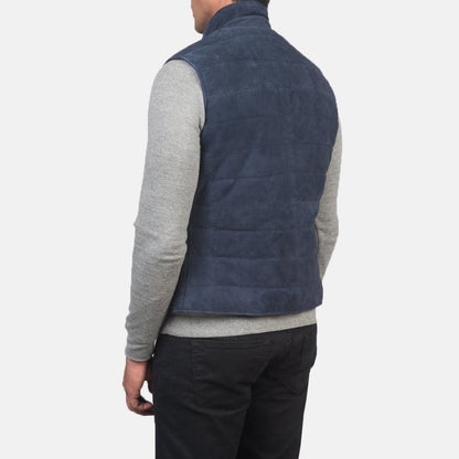 Rory Men's Blue Suede Quilted Vest detail closeup – VOOLUP