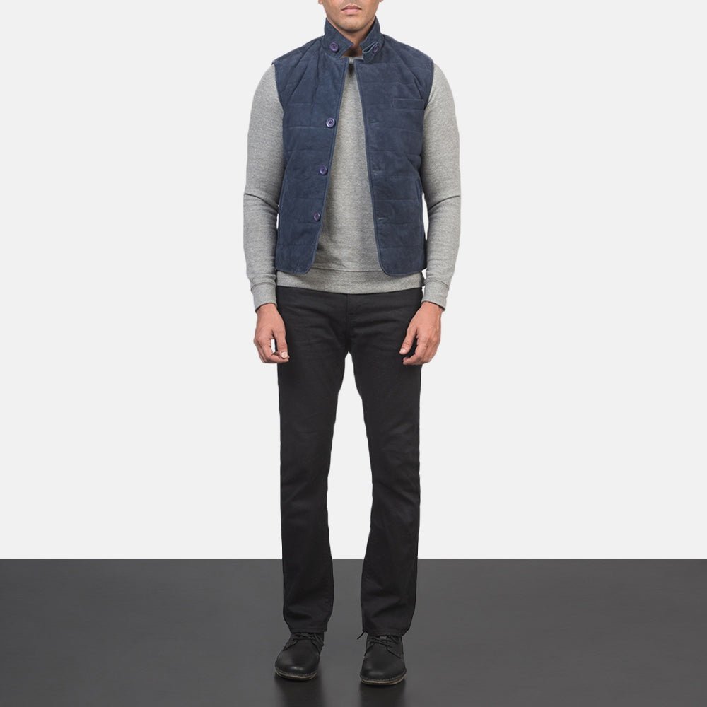 Rory Men's Blue Suede Quilted Vest back view – VOOLUP