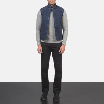 Rory Men's Blue Suede Quilted Vest back view – VOOLUP