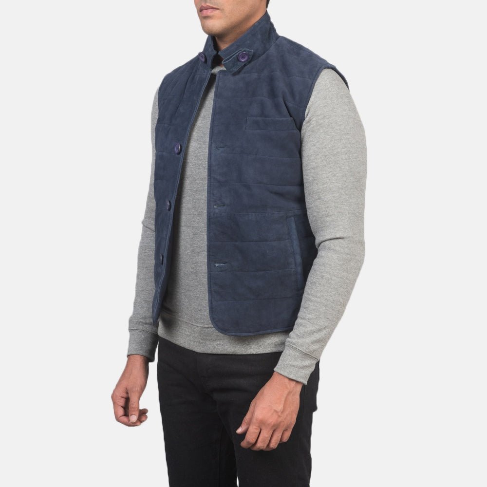 Rory Men's Blue Suede Quilted Vest side view – VOOLUP