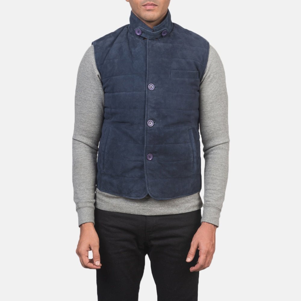 Rory men's blue genuine suede quilted vest front view – VOOLUP