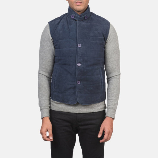 Rory men's blue genuine suede quilted vest front view – VOOLUP