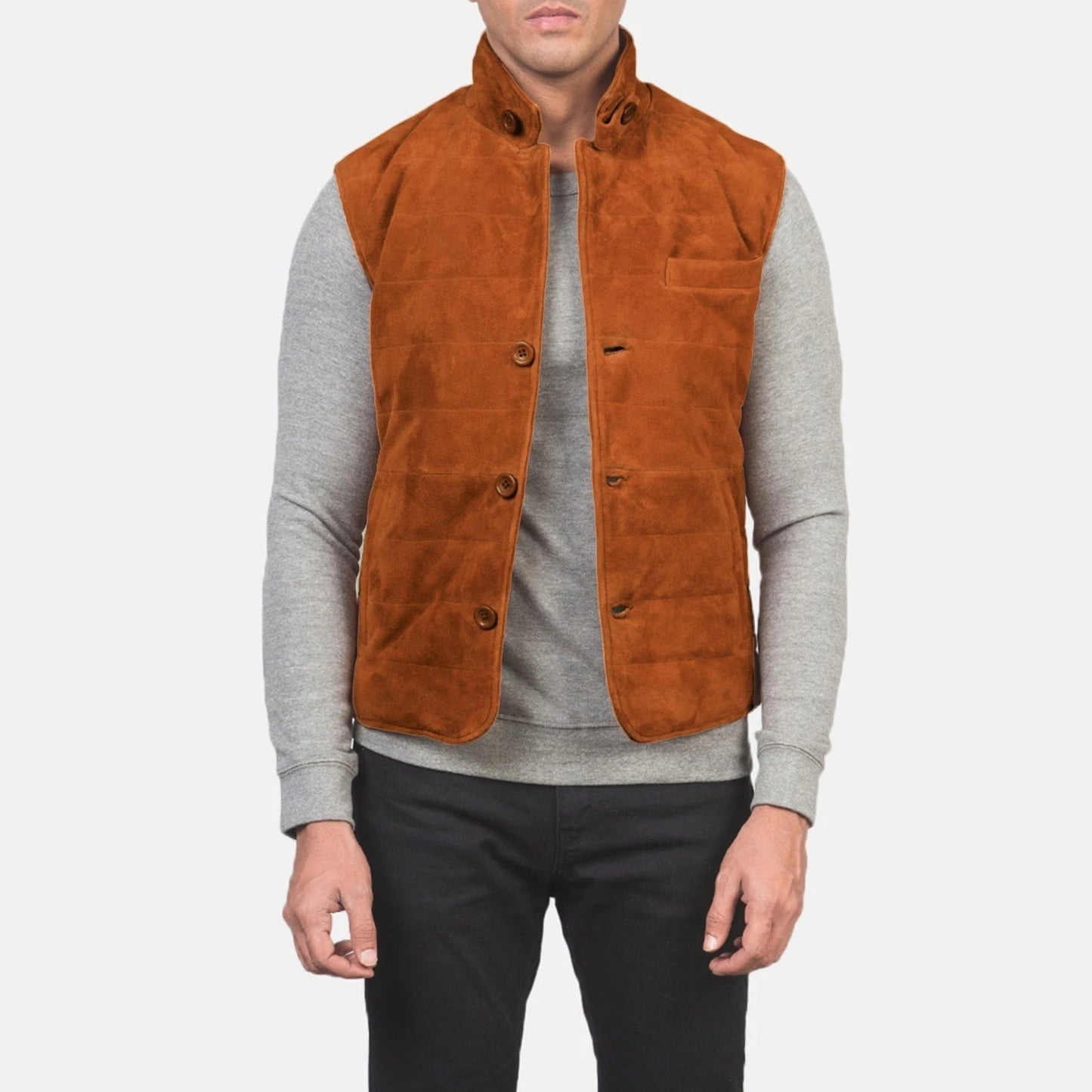 Rory Men's Bronze Suede Quilted Vest side view – VOOLUP