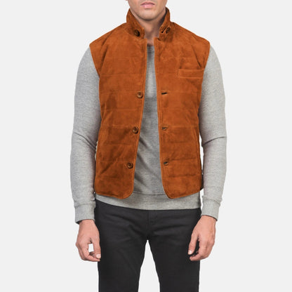 Rory Men's Bronze Suede Quilted Vest side view – VOOLUP
