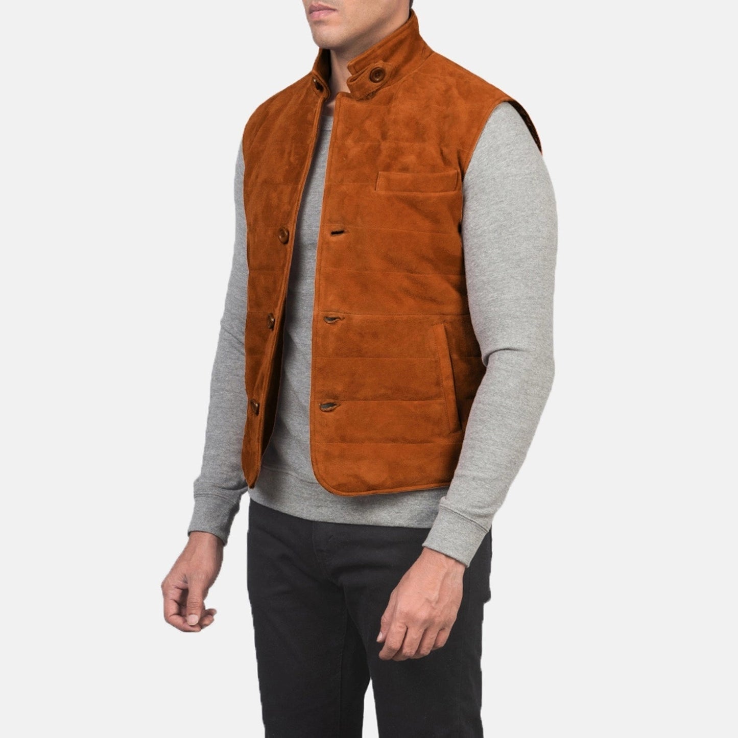 Rory Men's Bronze Suede Quilted Vest lifestyle view – VOOLUP