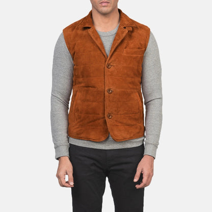 Rory Men's Bronze Suede Quilted Vest detail closeup – VOOLUP