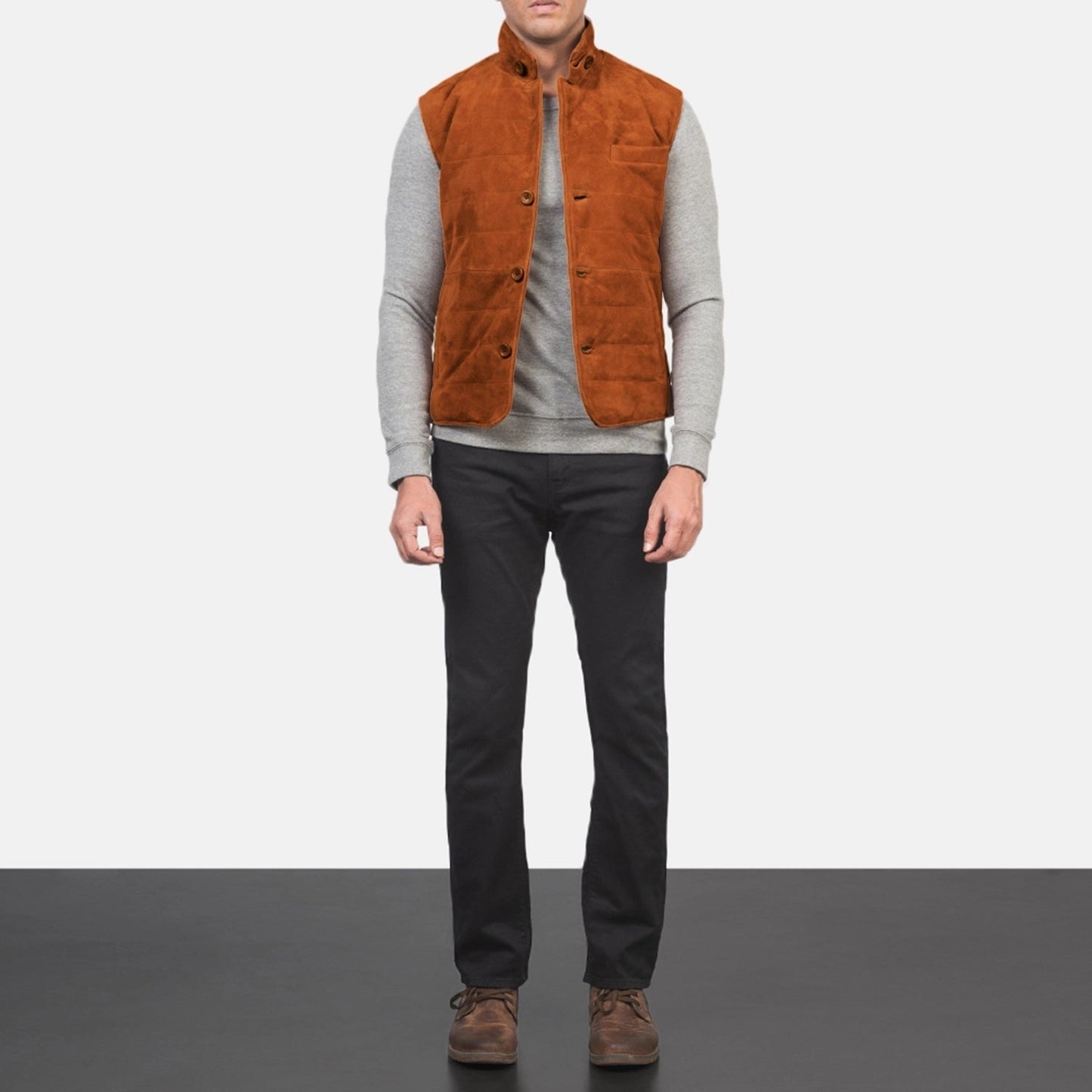 Rory Men's Bronze Suede Quilted Vest back view – VOOLUP