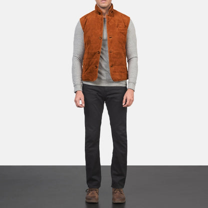 Rory Men's Bronze Suede Quilted Vest back view – VOOLUP