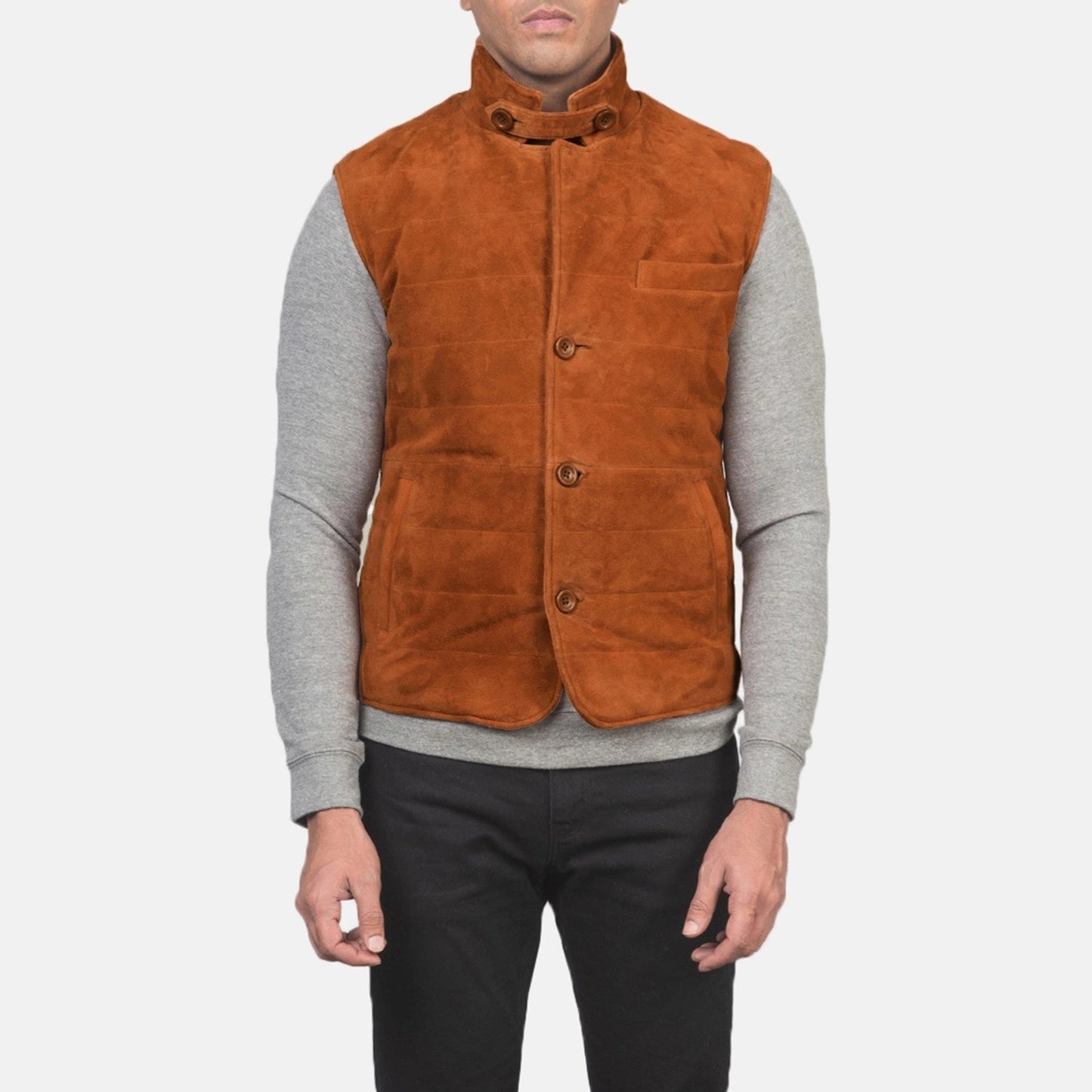 Rory men's bronze genuine suede quilted vest front view – VOOLUP