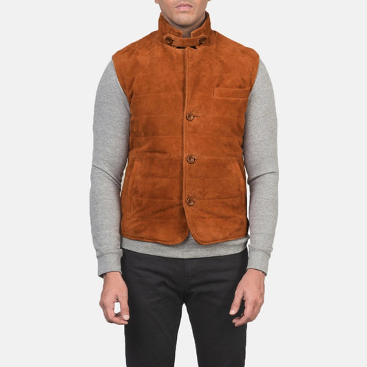 Rory men's bronze genuine suede quilted vest front view – VOOLUP