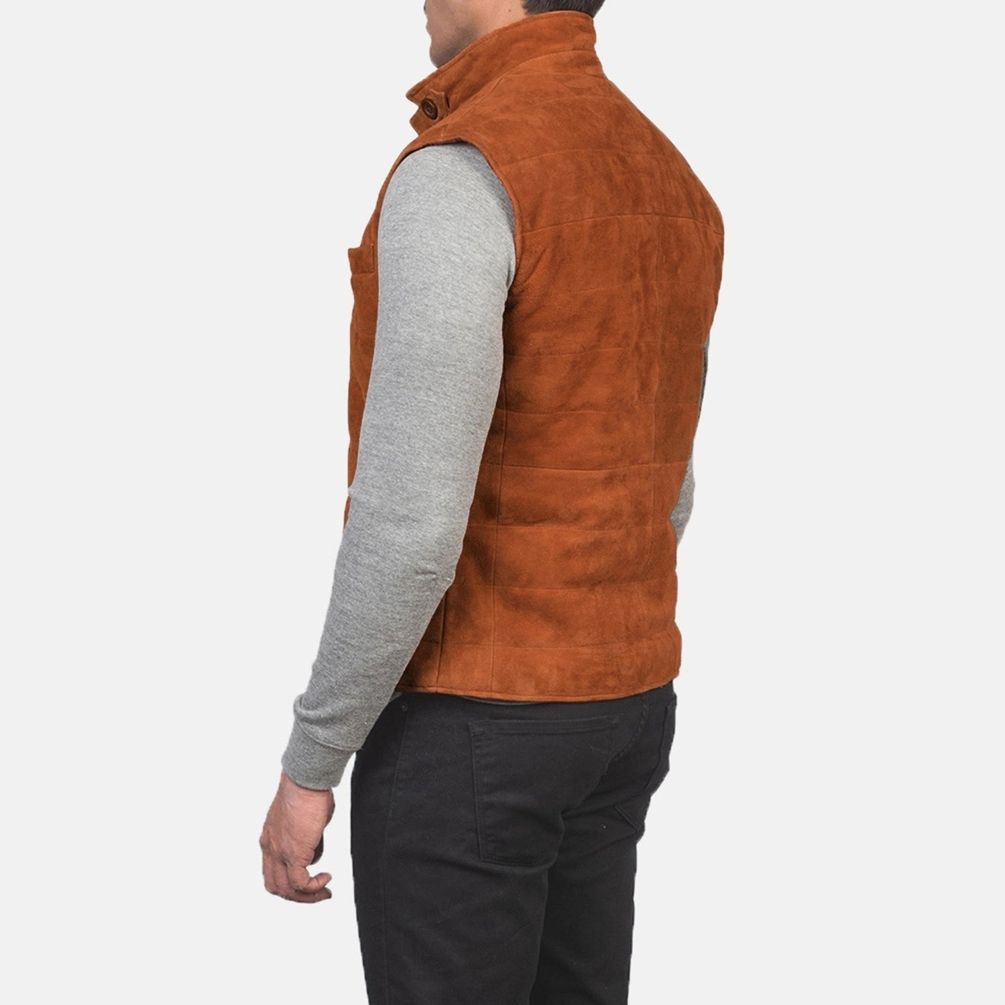 Rory Men's Bronze Suede Quilted Vest lifestyle detail – VOOLUP