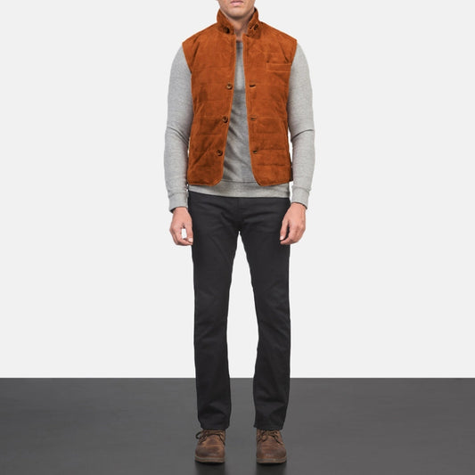 Rory Men's Bronze Suede Quilted Vest back view – VOOLUP