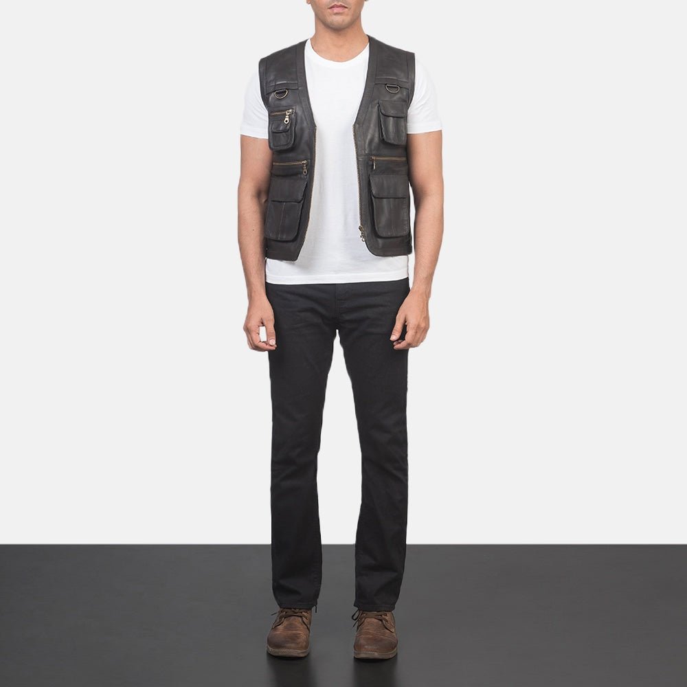 Safari Men's Brown Leather Utility Vest back view – VOOLUP
