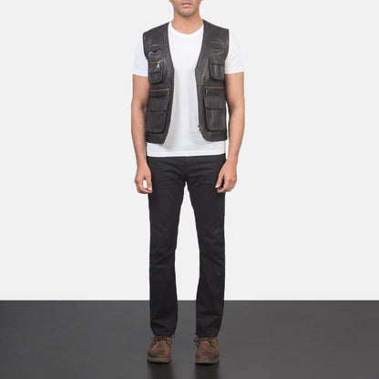 Safari Men's Brown Leather Utility Vest back view – VOOLUP