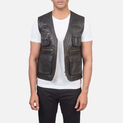 Safari Men's Brown Leather Utility Vest side view – VOOLUP