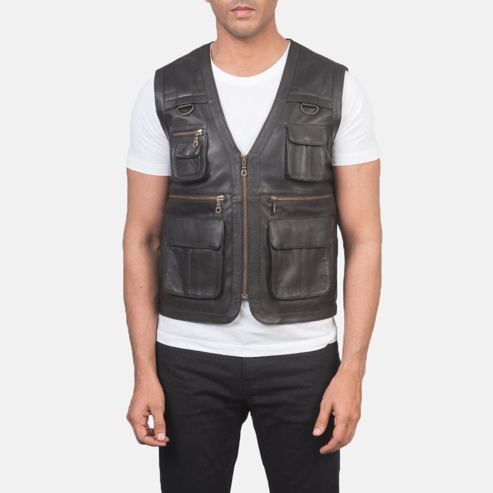 Safari men's brown genuine leather utility vest with pockets front view – VOOLUP