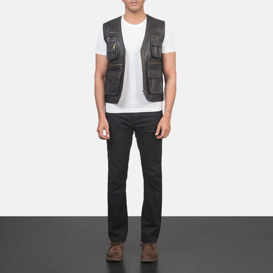 Safari Men's Brown Leather Utility Vest back view – VOOLUP