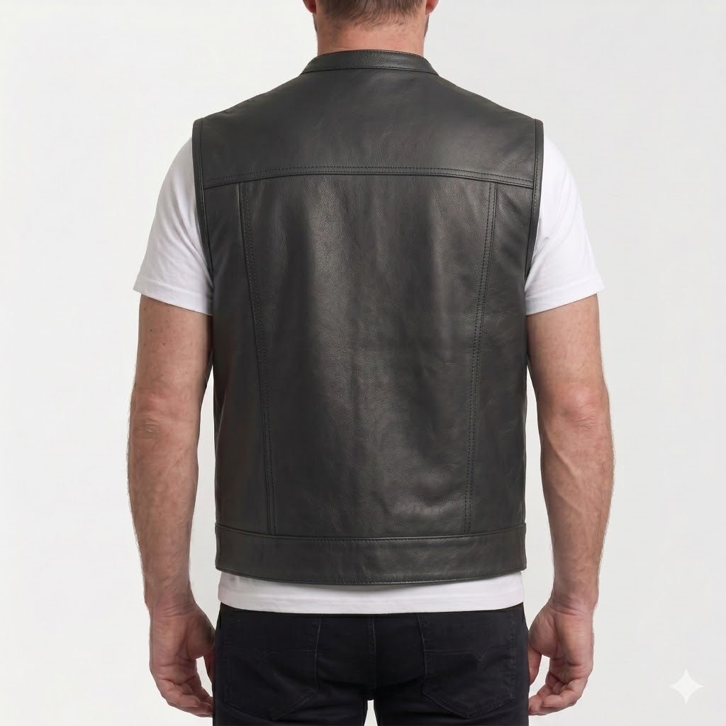 Shadowline Men's Black Leather Vest side view – VOOLUP