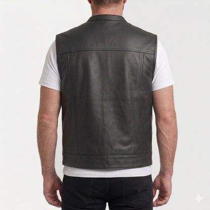 Shadowline Men's Black Leather Vest side view – VOOLUP