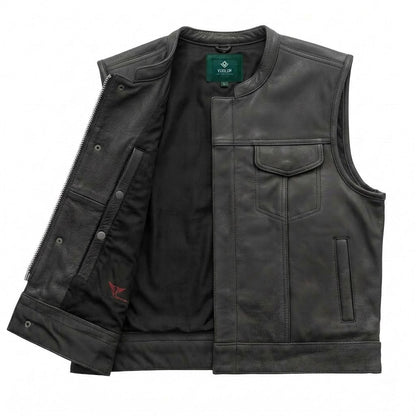 Shadowline Men's Black Leather Vest detail closeup – VOOLUP
