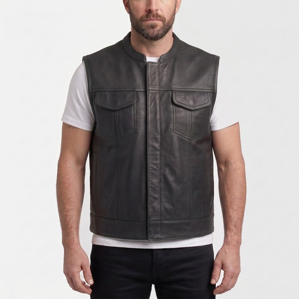 Shadowline men's black genuine leather minimalist vest with concealed zip – VOOLUP
