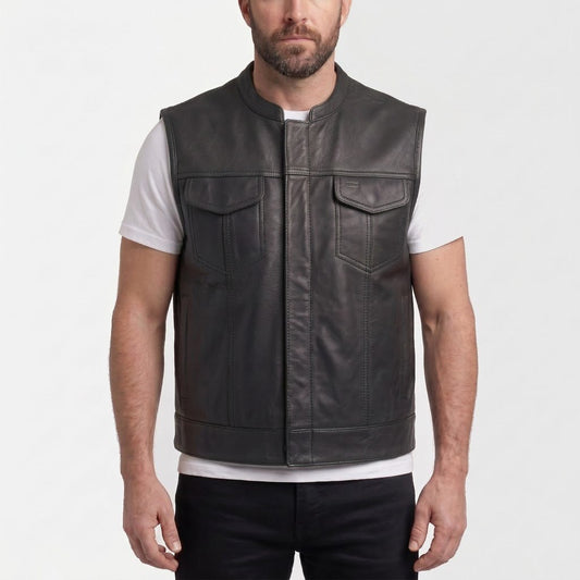 Shadowline men's black genuine leather minimalist vest with concealed zip – VOOLUP