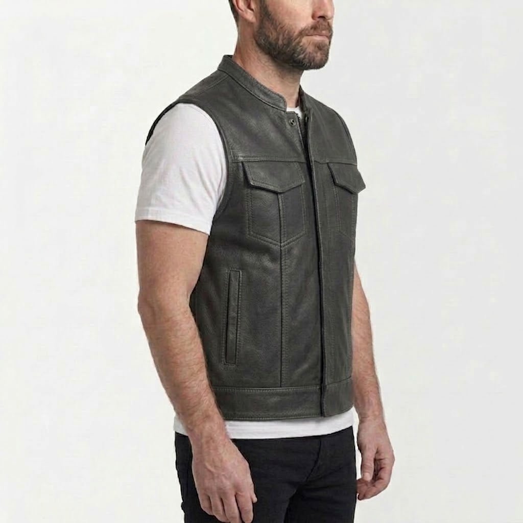 Shadowline Men's Black Leather Vest back view – VOOLUP