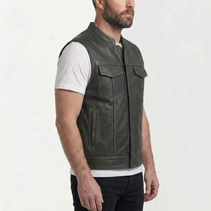 Shadowline Men's Black Leather Vest back view – VOOLUP