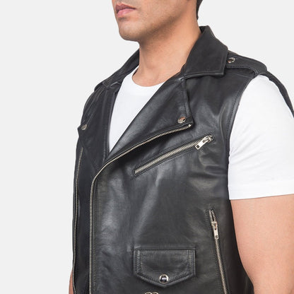 Sterling Heritage Men's Black Leather Biker Vest lifestyle view – VOOLUP